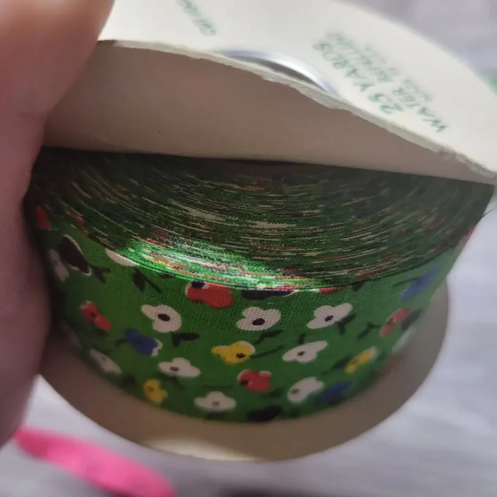 Vintage Calico Green Floral Print Cut Edge Ribbon (3 rolls)